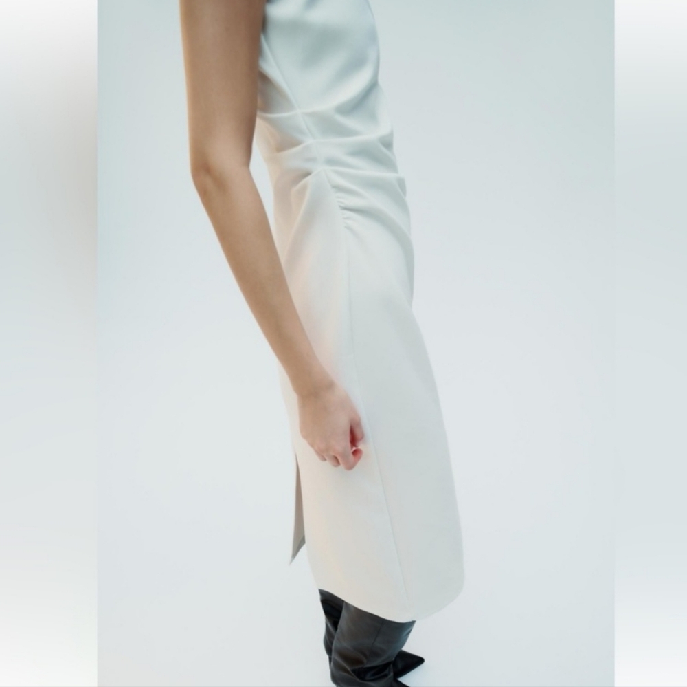NWT Zara Crepe Shoulder Pad Midi Dress, Size L - Picture 2 of 11